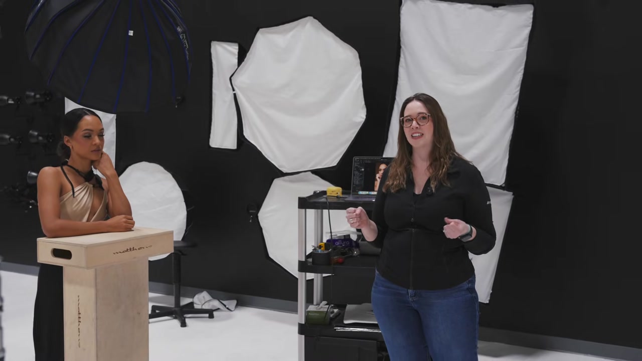 Studio overview with multiple softboxes and modifiers