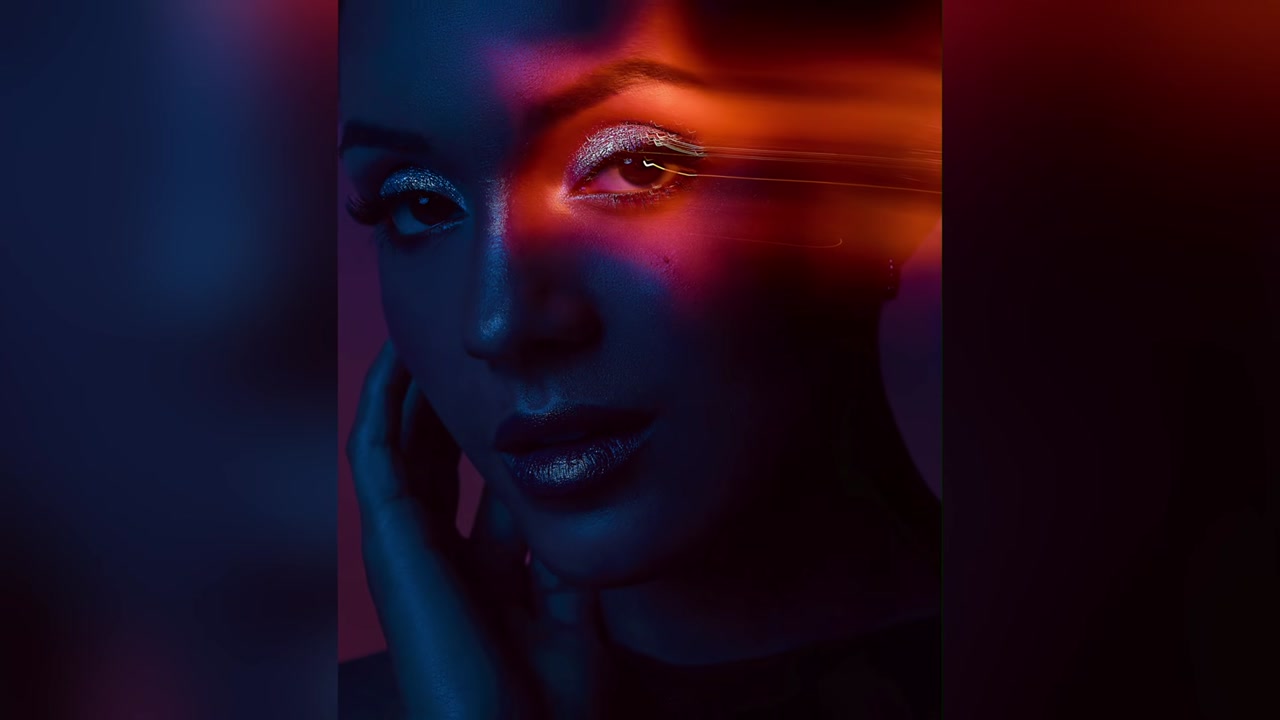 Dramatic dual-color gel beauty portrait — red and blue