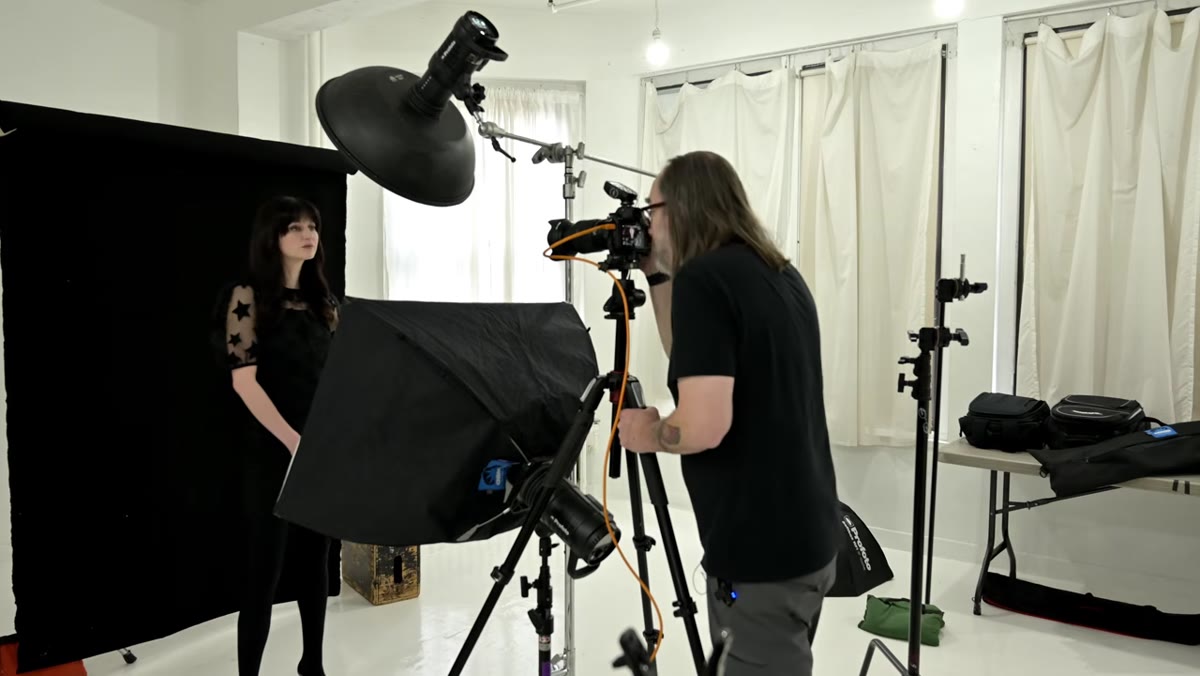 Beauty dish overhead with subject lit from above only
