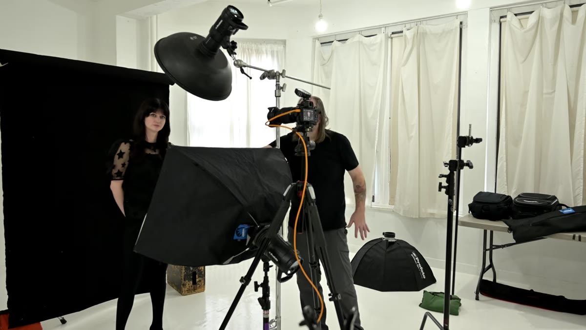 Softbox below positioned nearly flat, angled slightly upward