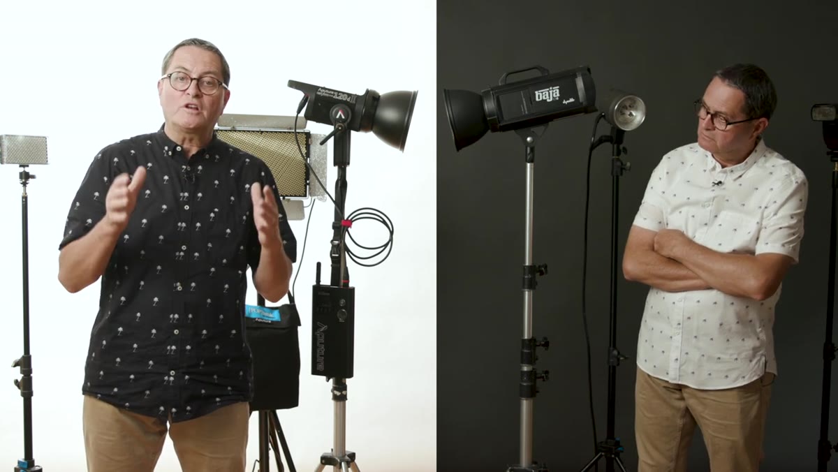Photographer adjusting light position and observing shadow fall