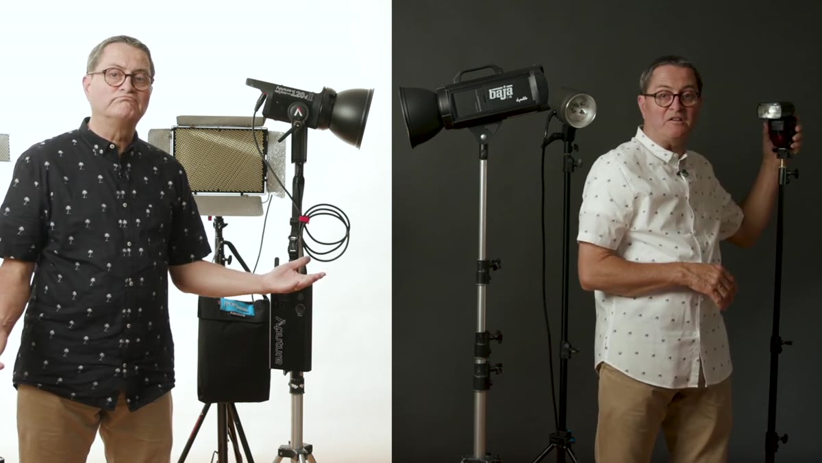 Side-by-side of speedlight, pack-and-head system, and monoblock