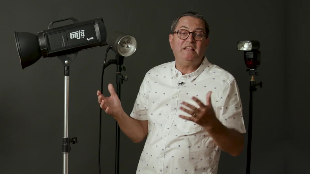 Studio with bright ambient light crushed by strobe exposure