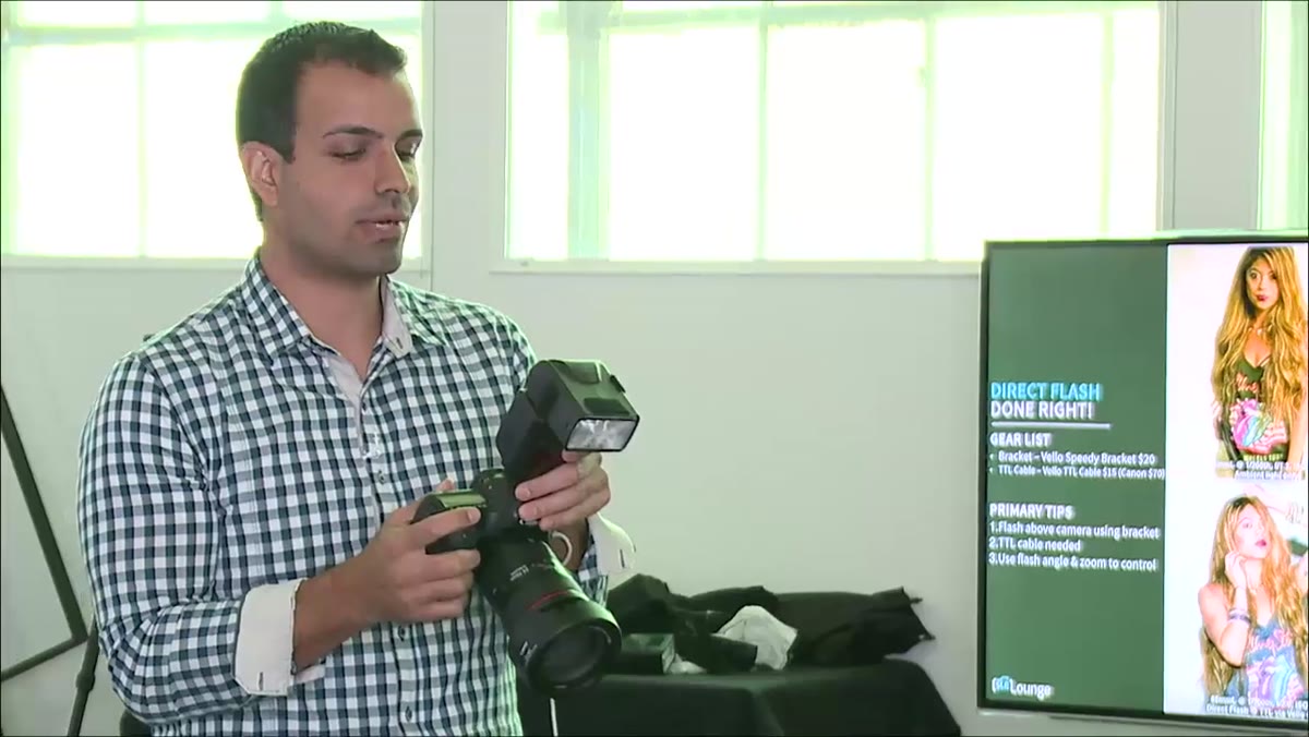 Flash mounted on hot shoe, test shot being fired at 1/8 power