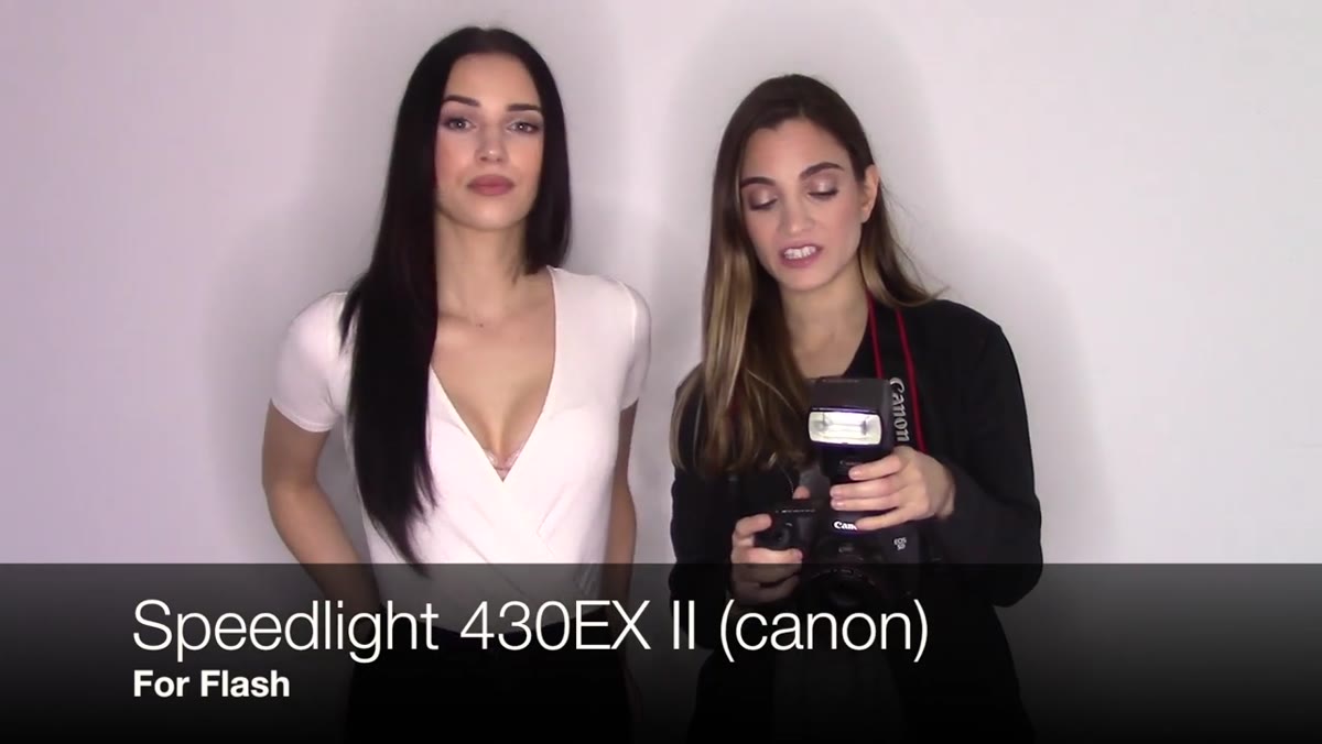 Jessica showing Canon speedlight 430EX II and camera body