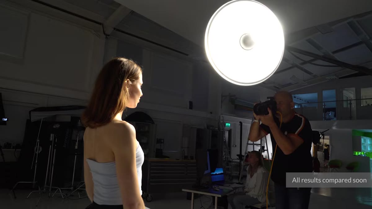 70cm silver beauty dish mounted at camera height
