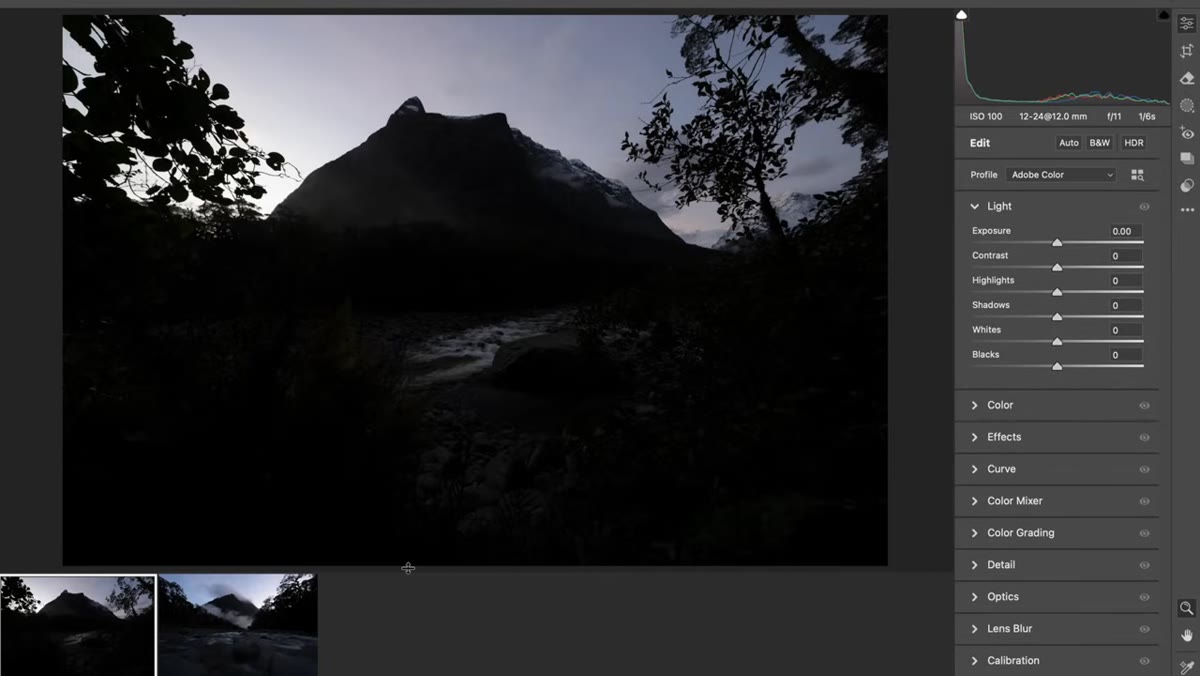 Raw files open on screen, both images visibly dark with heavy shadow areas