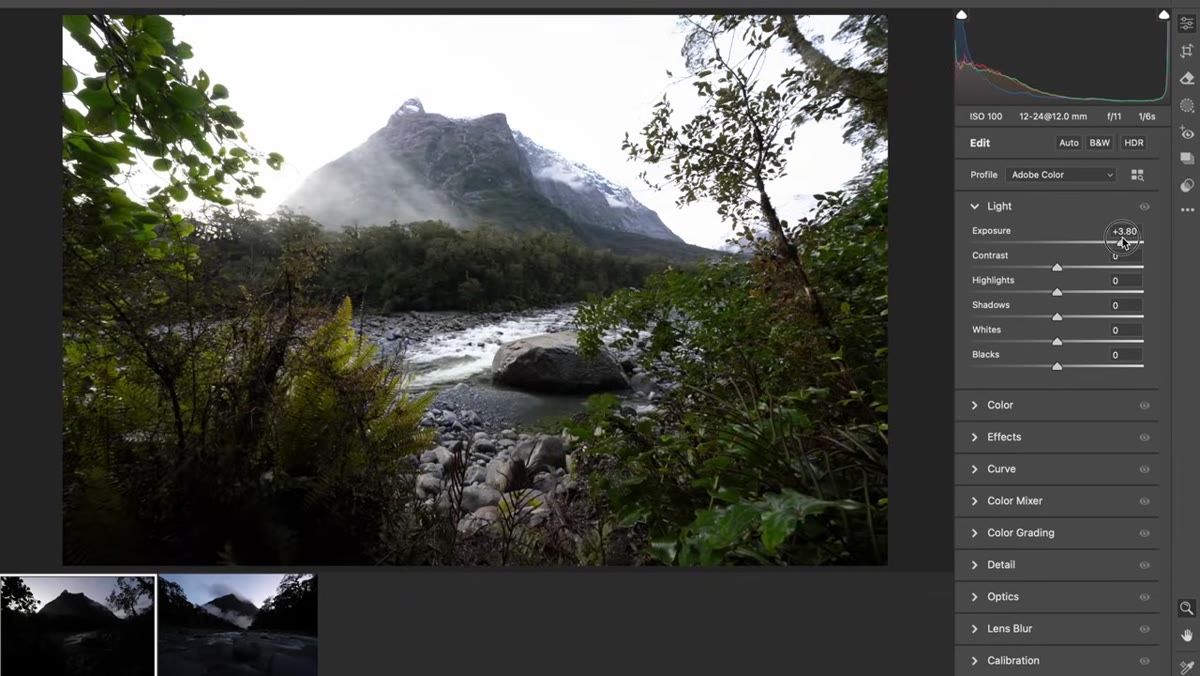 Comparison shown between highlight-exposed and shadow-exposed versions of the scene