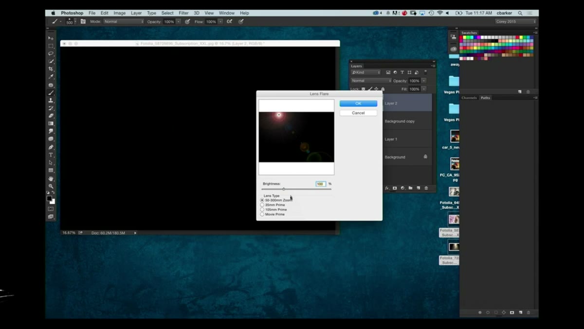 Lens Flare dialog with flare positioned upper left of frame