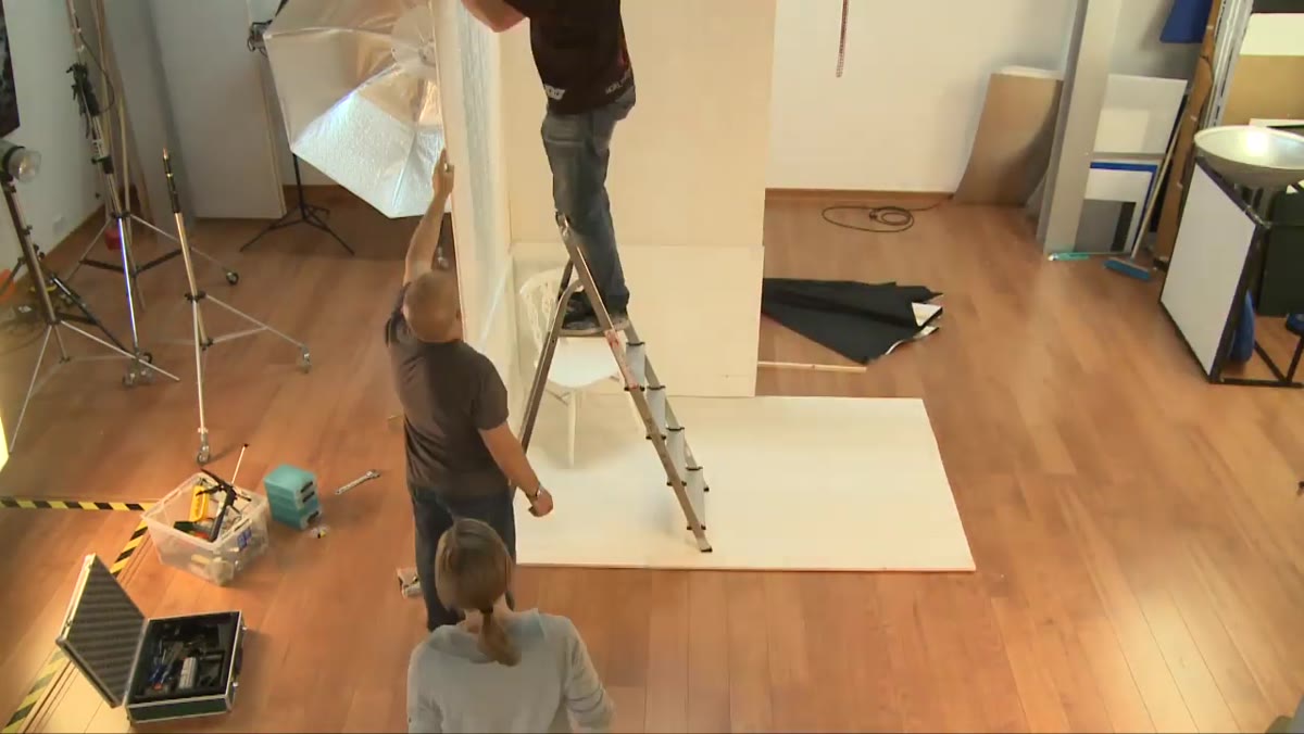 Small room corner set being constructed in studio
