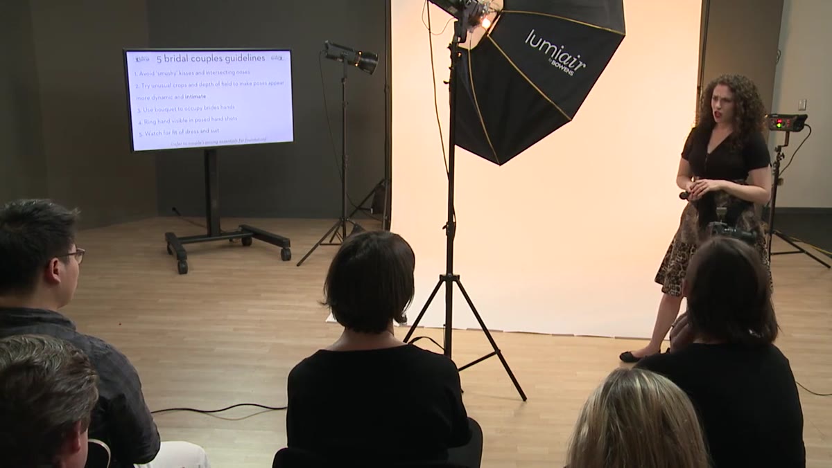 Instructor discussing protecting expensive suits and dresses during poses