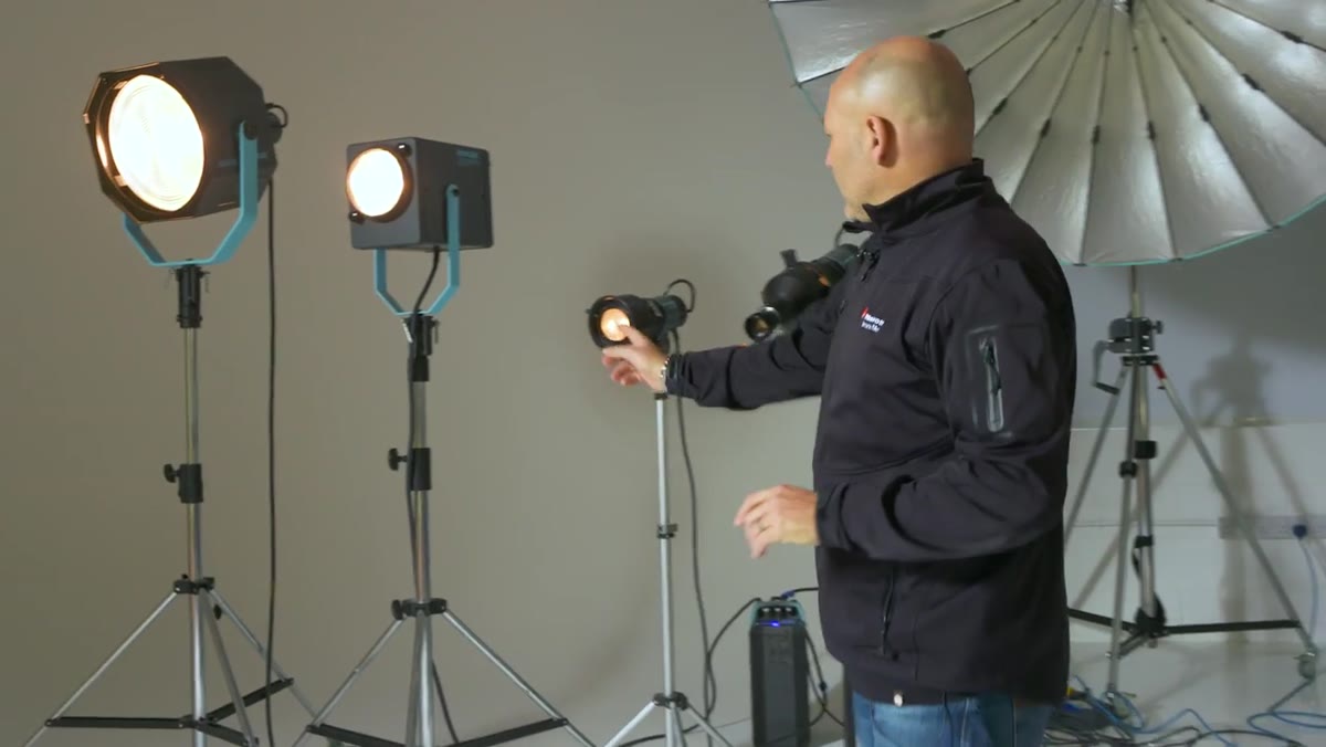 Three fresnel lights of different sizes shown side by side