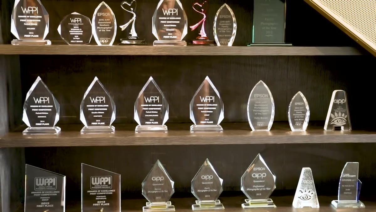 Close-up of Kelly&rsquo;s awards cabinet filled with competition trophies