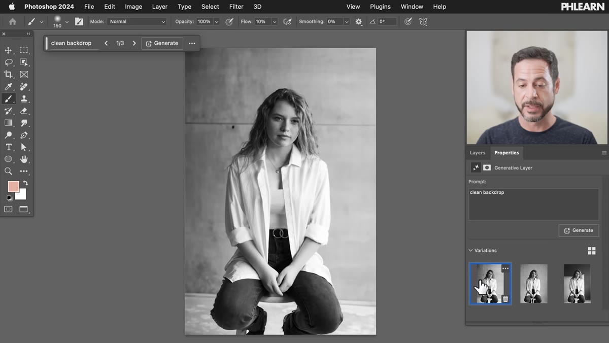 Properties panel showing three generated background variations