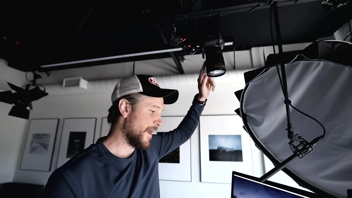 EOS R mounted overhead via grip arm, ball head, and super clamp