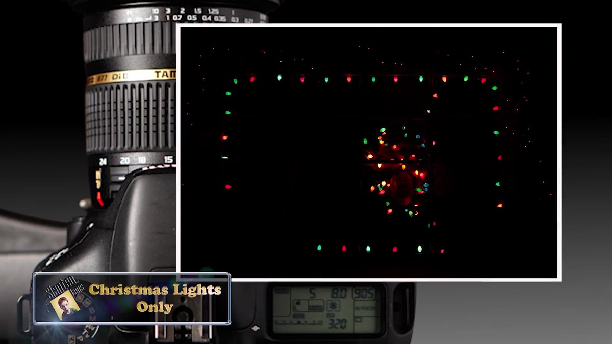 Camera frame showing only Christmas lights exposed, no strobe