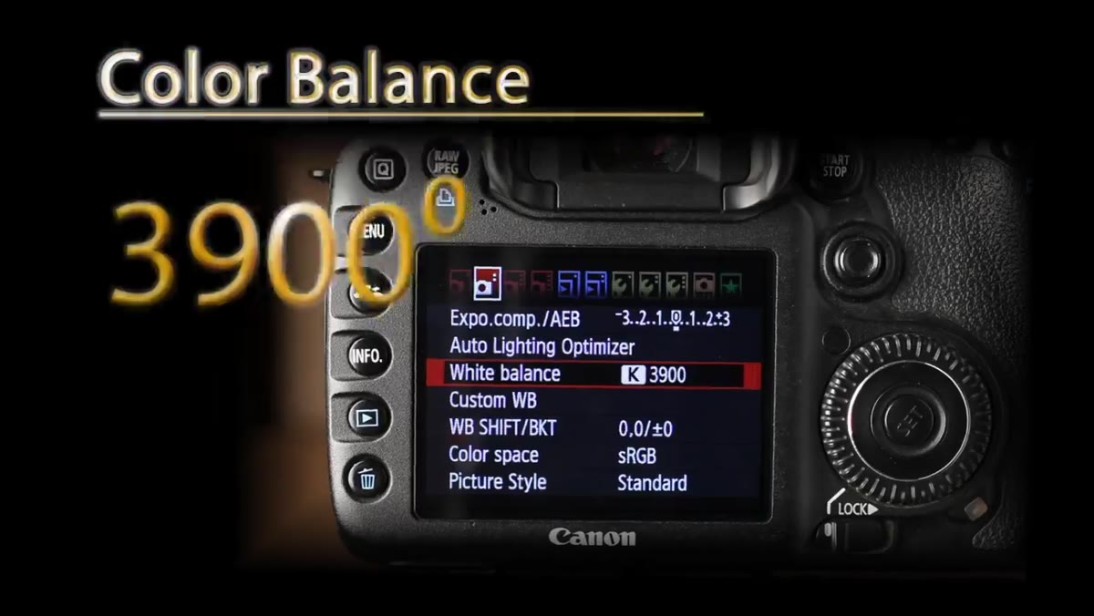 Camera LCD showing color temperature setting at 3900K