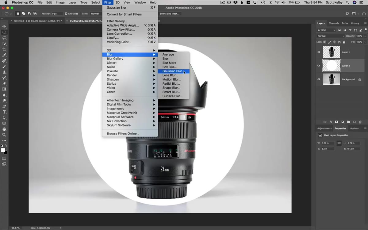 Gaussian Blur dialog with radius value near 70