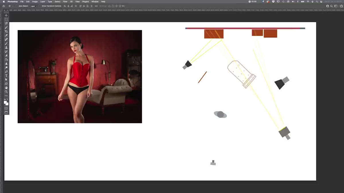 Strip box positioned behind model, angled toward camera