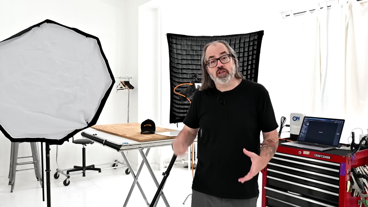 Gridded 40-inch square softbox, grid attachment visible on front