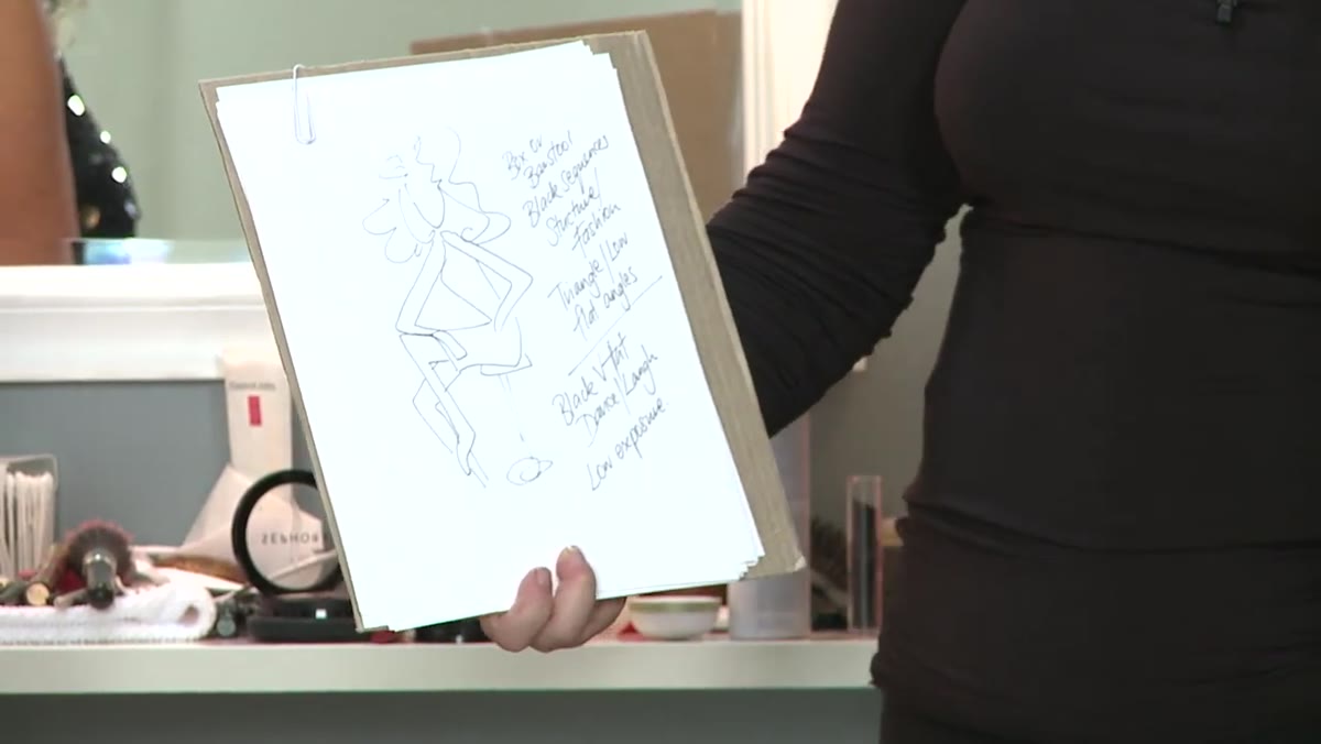 Presenter points to written outfit-to-background pairings