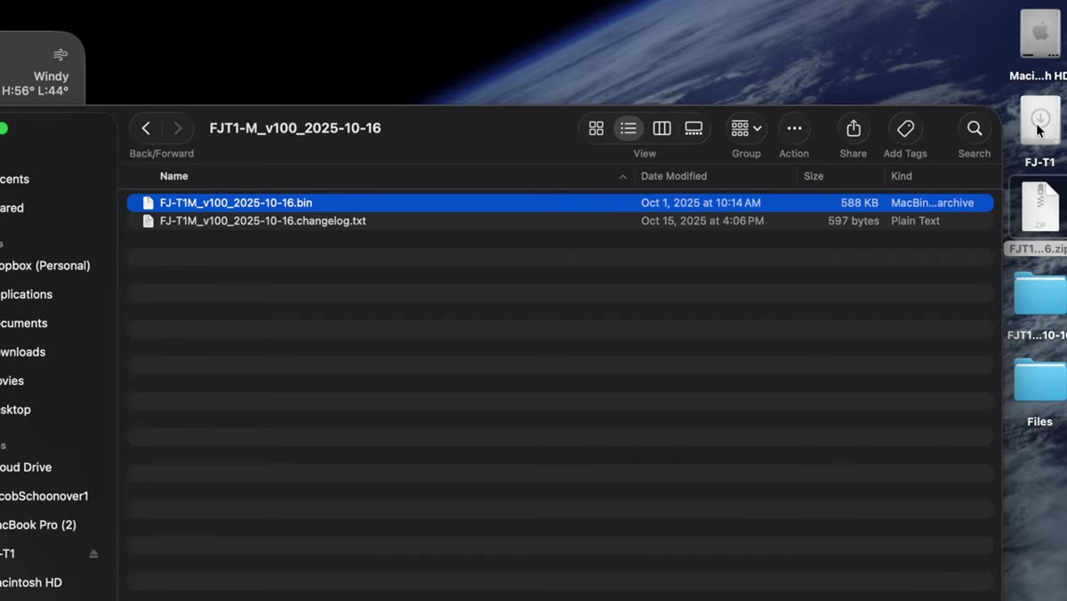 BIN file being dragged onto FJ-T1 drive in file browser