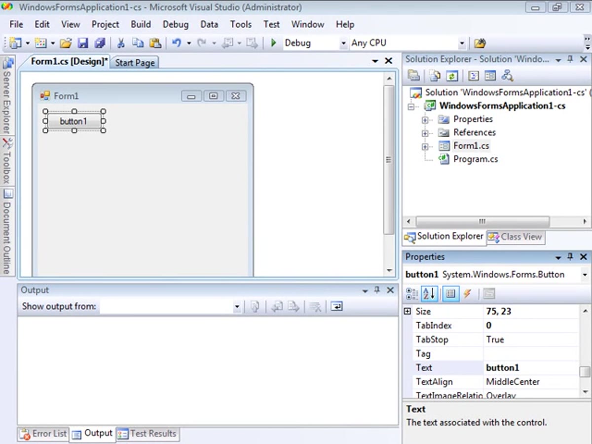 Visual Studio interface showing a graphical control selected in the designer