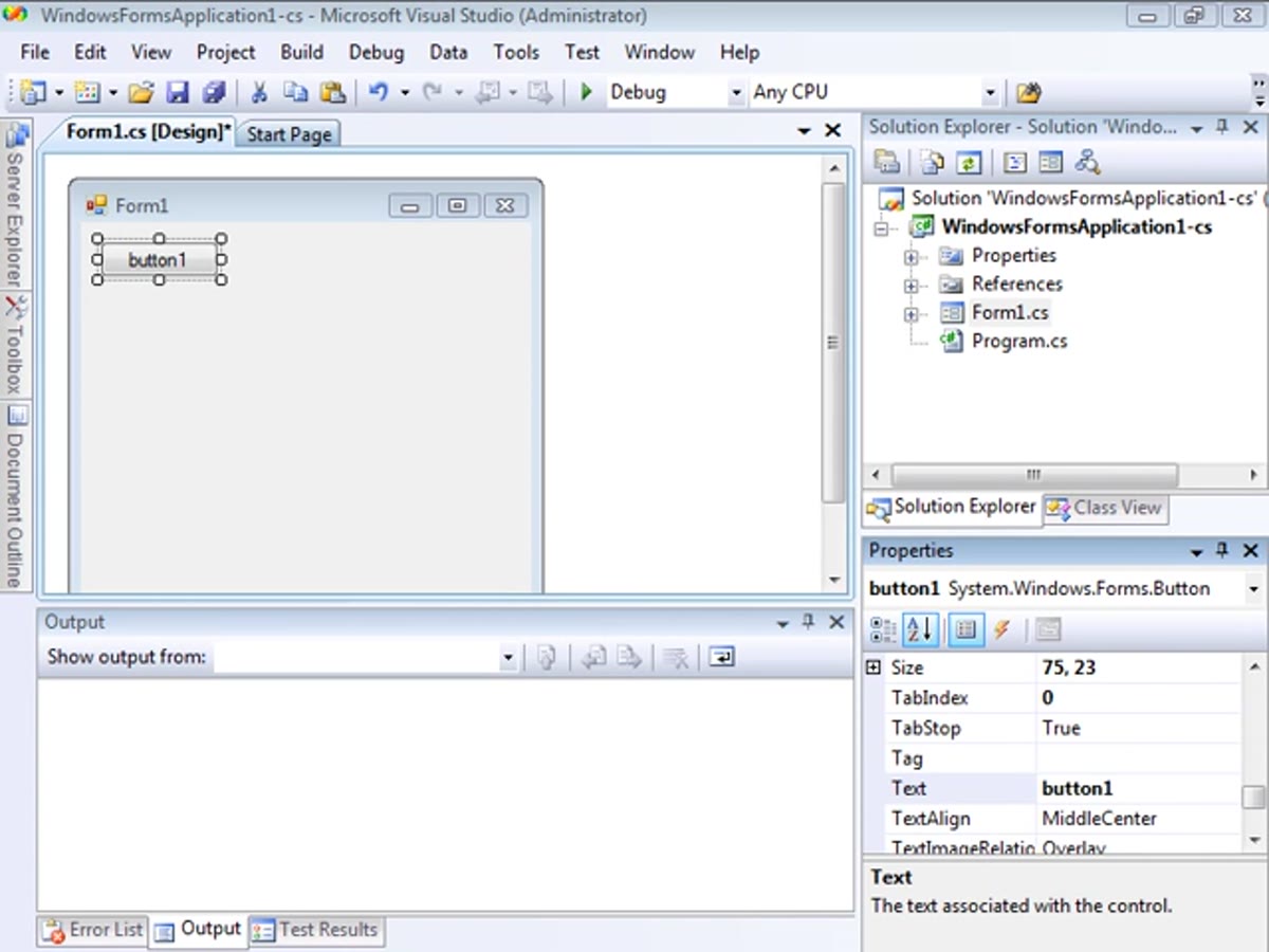 Properties pane open with Events icon highlighted at the top