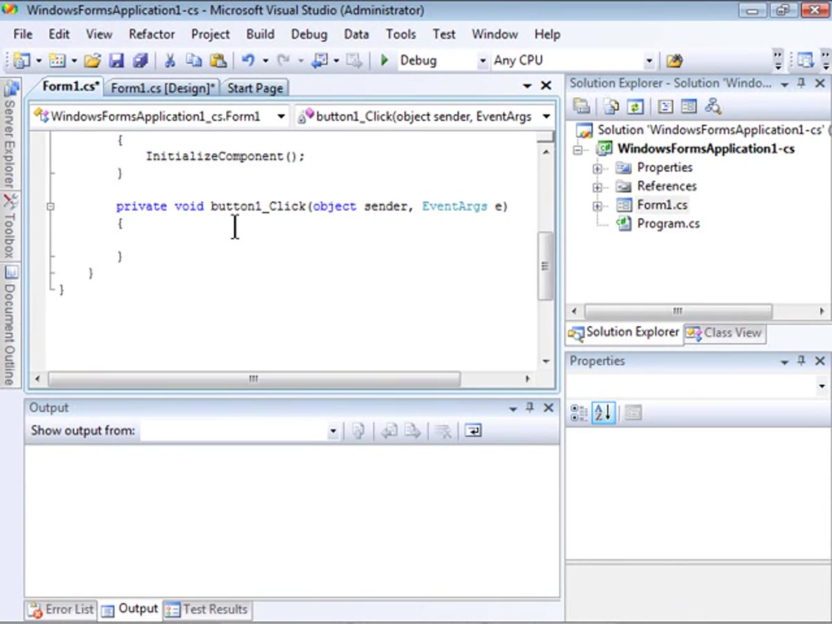 Code editor showing the auto-generated event handler method