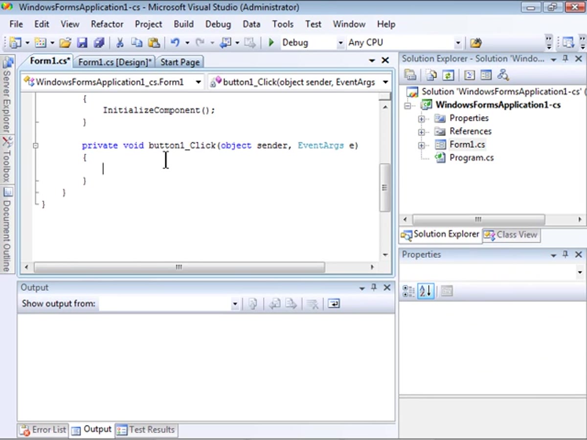 Code editor with custom code added inside the event handler body