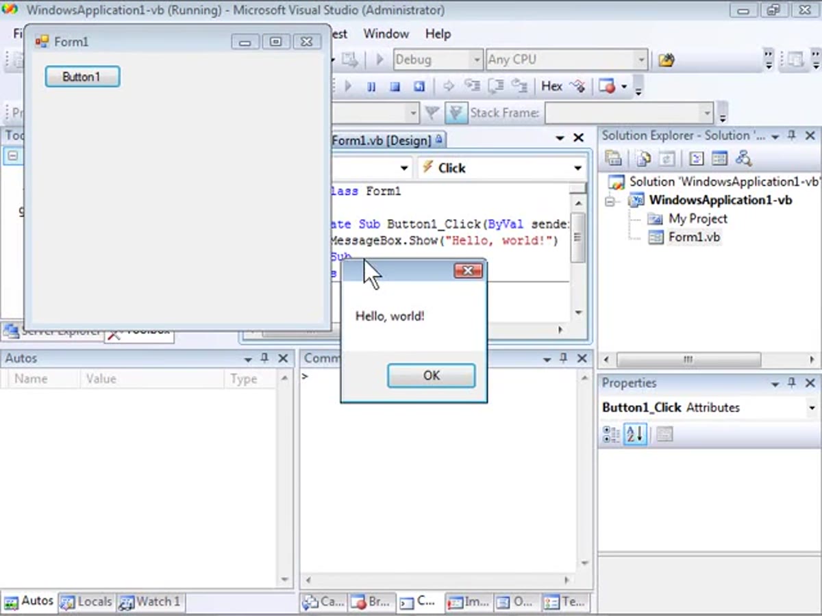 Running application with a button being clicked and a message box appearing