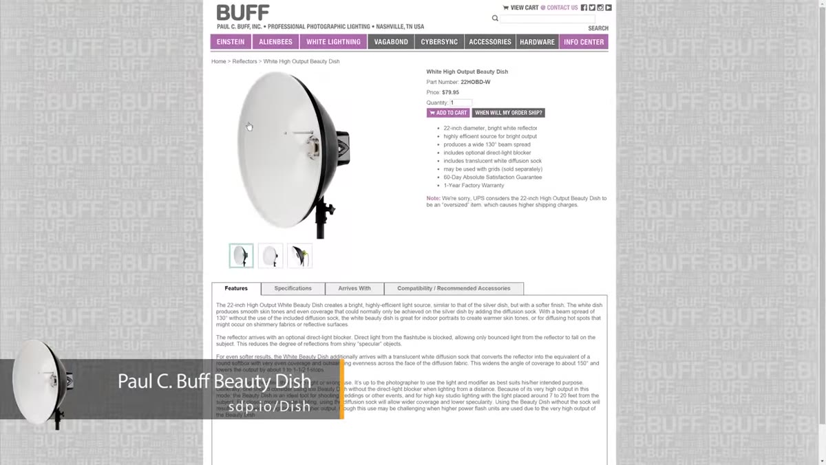 Beauty dish with white diffusion sock shown from side angle