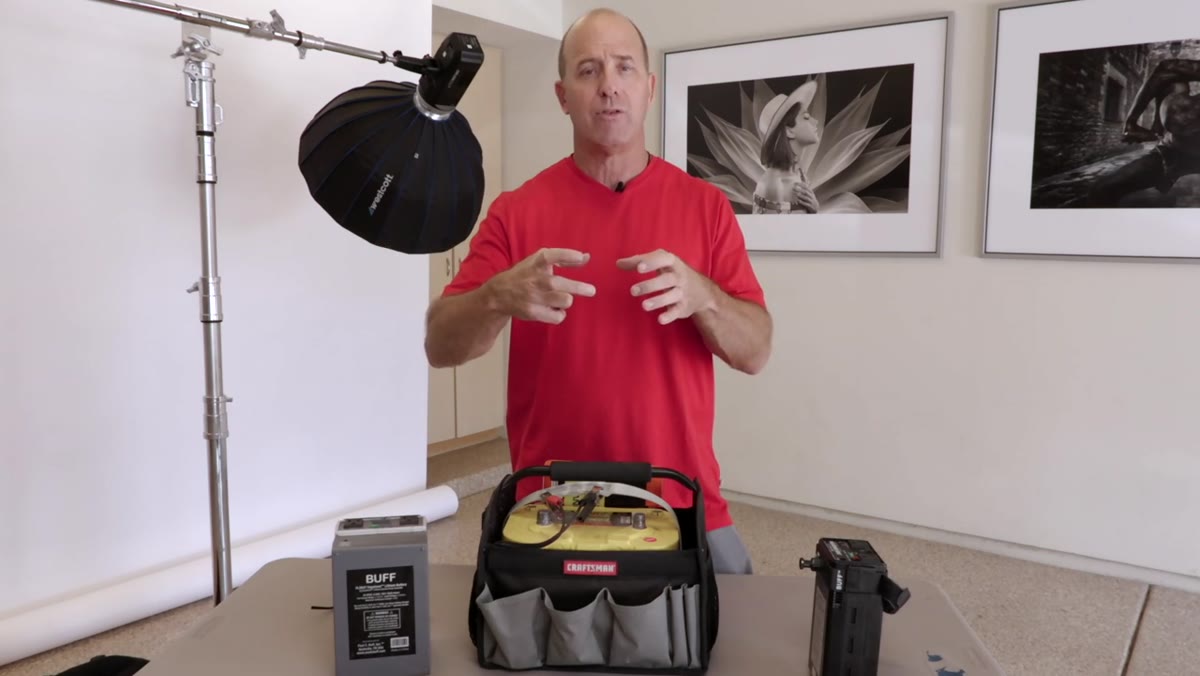 Joel Grimes describing the portable 12-volt charger in his kit