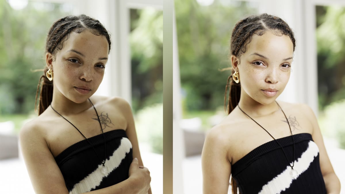 Before and after portrait comparison with and without flash