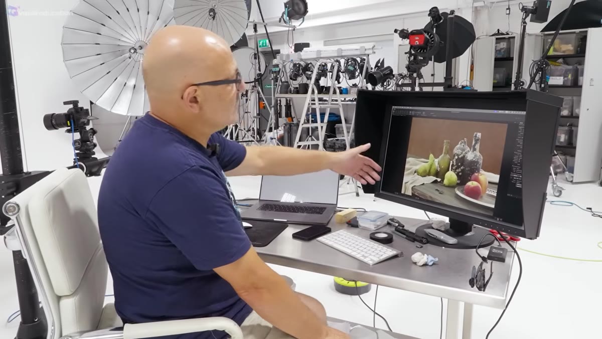 Live view on camera showing the arranged still life composition on the table
