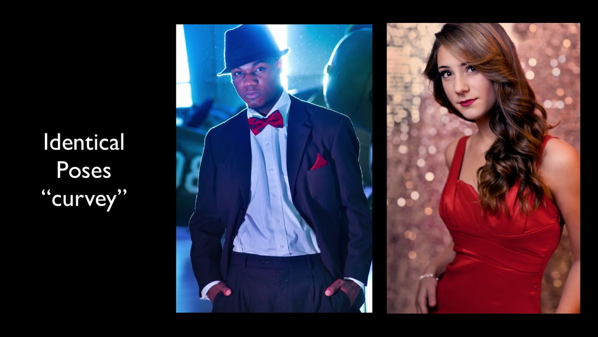 Side-by-side comparison showing identical poses on two subjects