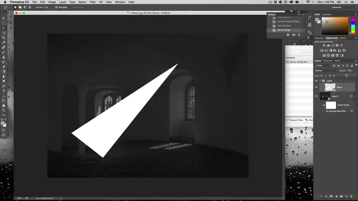 Layer opacity reduced to approximately 45 percent on beam layer