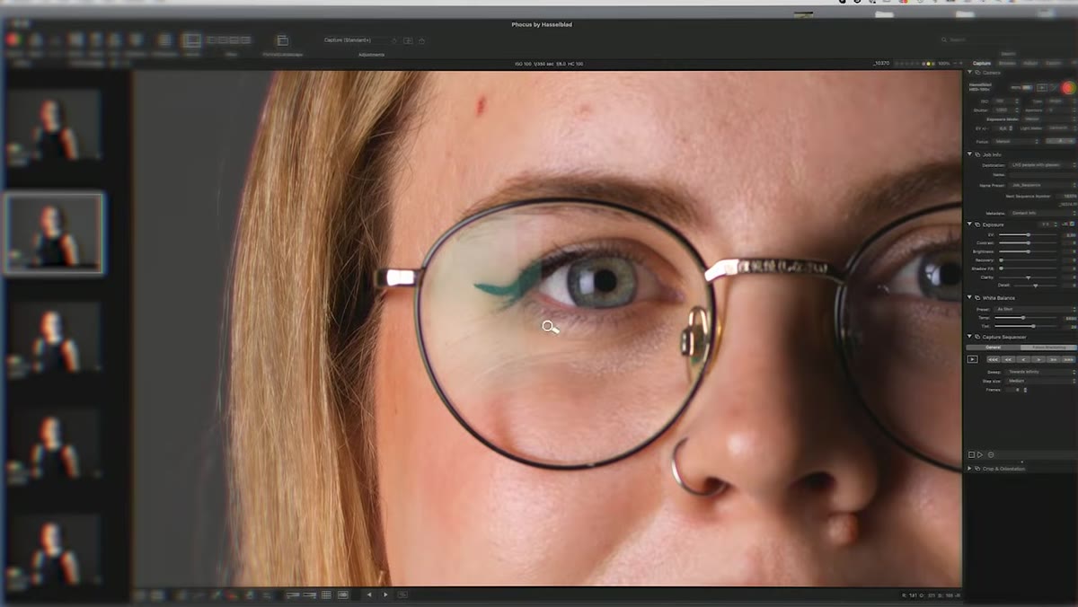 Side lighting setup showing partial reflection behavior in glasses lenses