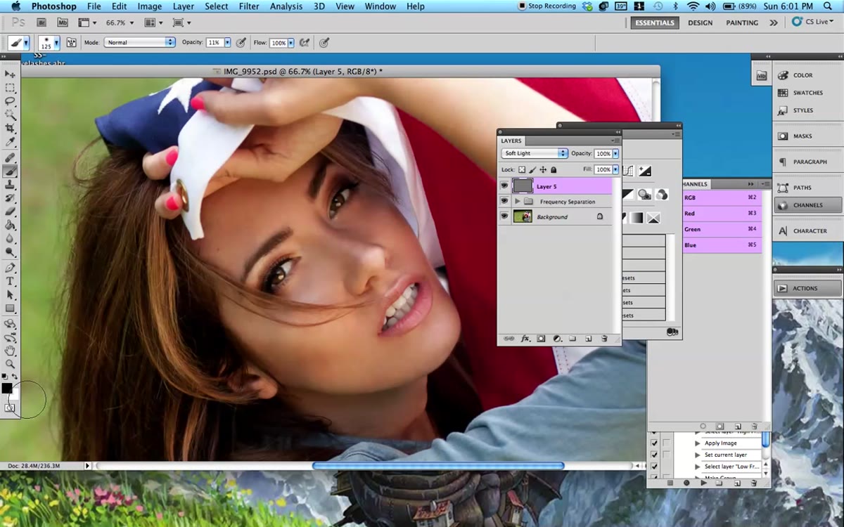Brush tool selected with foreground color set to black