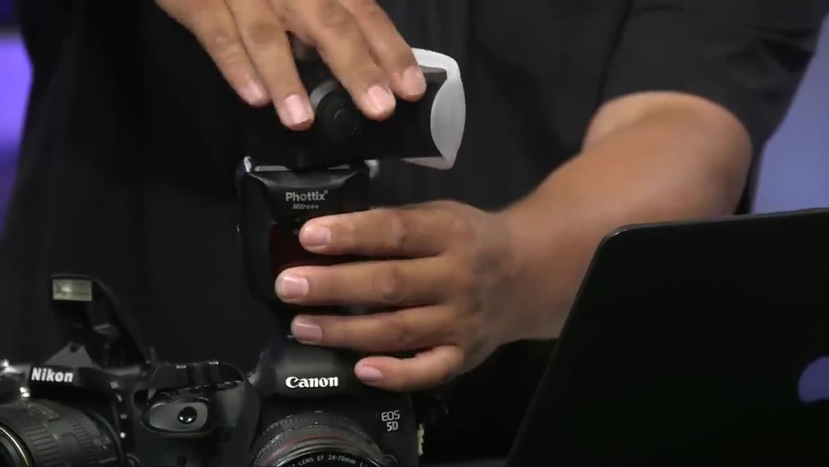 Flash head rotated to point directly behind the photographer