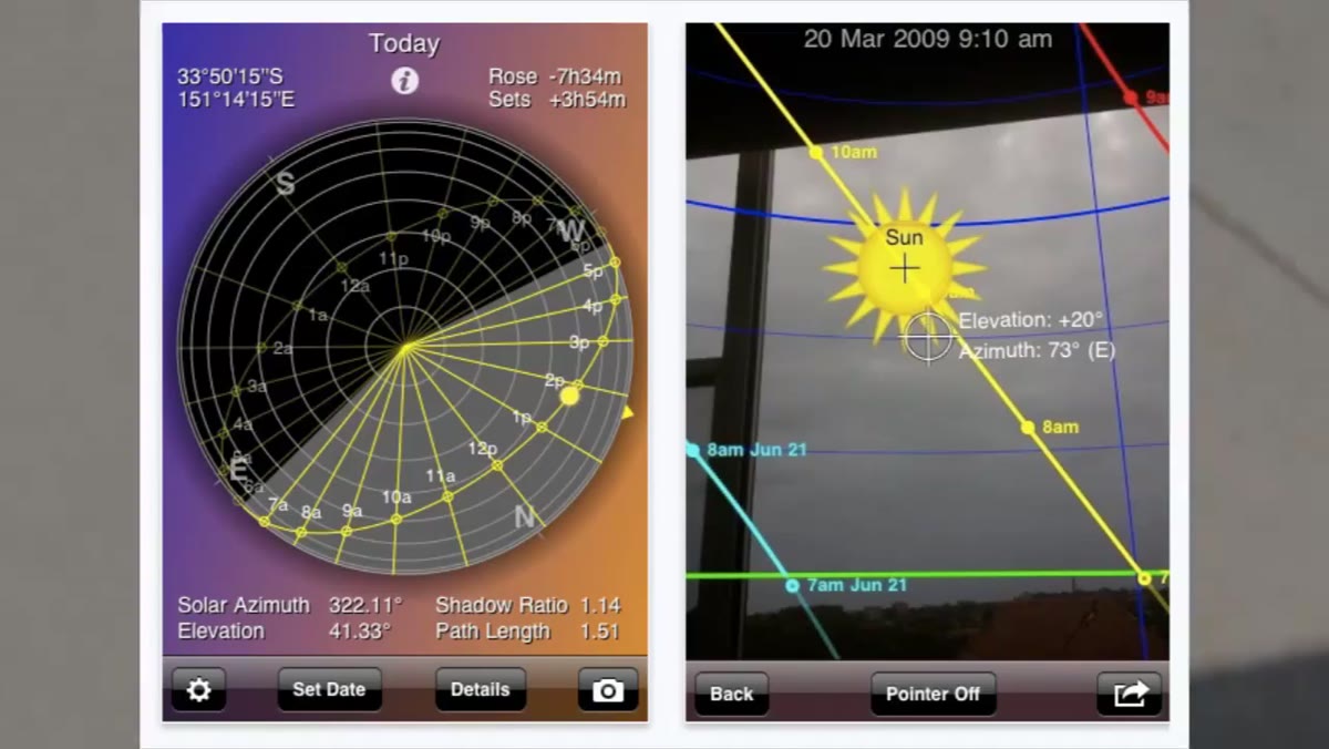 iPhone displaying Sun Seeker app with sun position arc