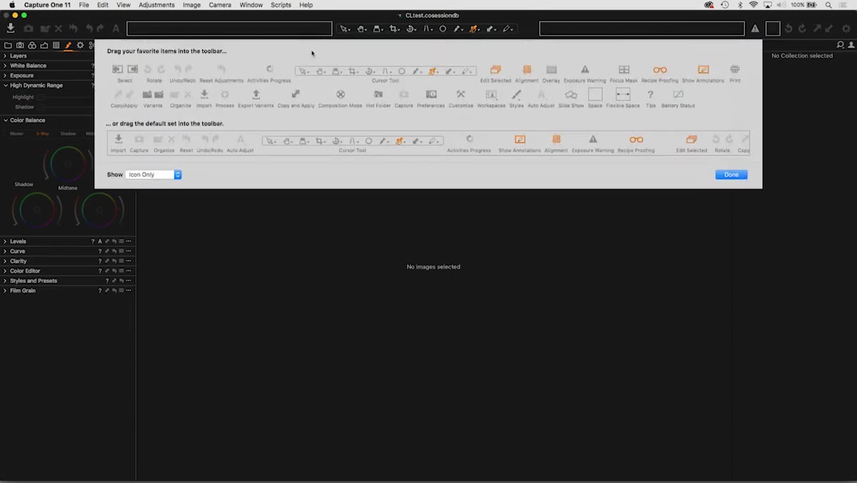 &ldquo;Customize Toolbar&rdquo; panel showing available tool options