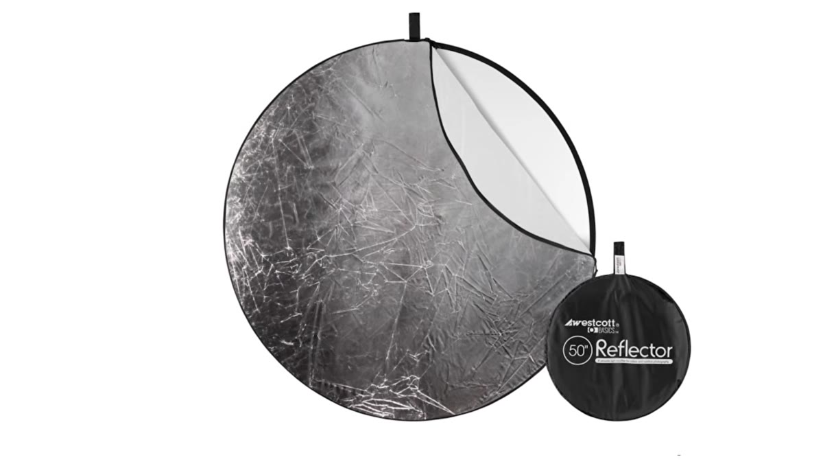 Five-in-one reflector shown collapsed and expanded