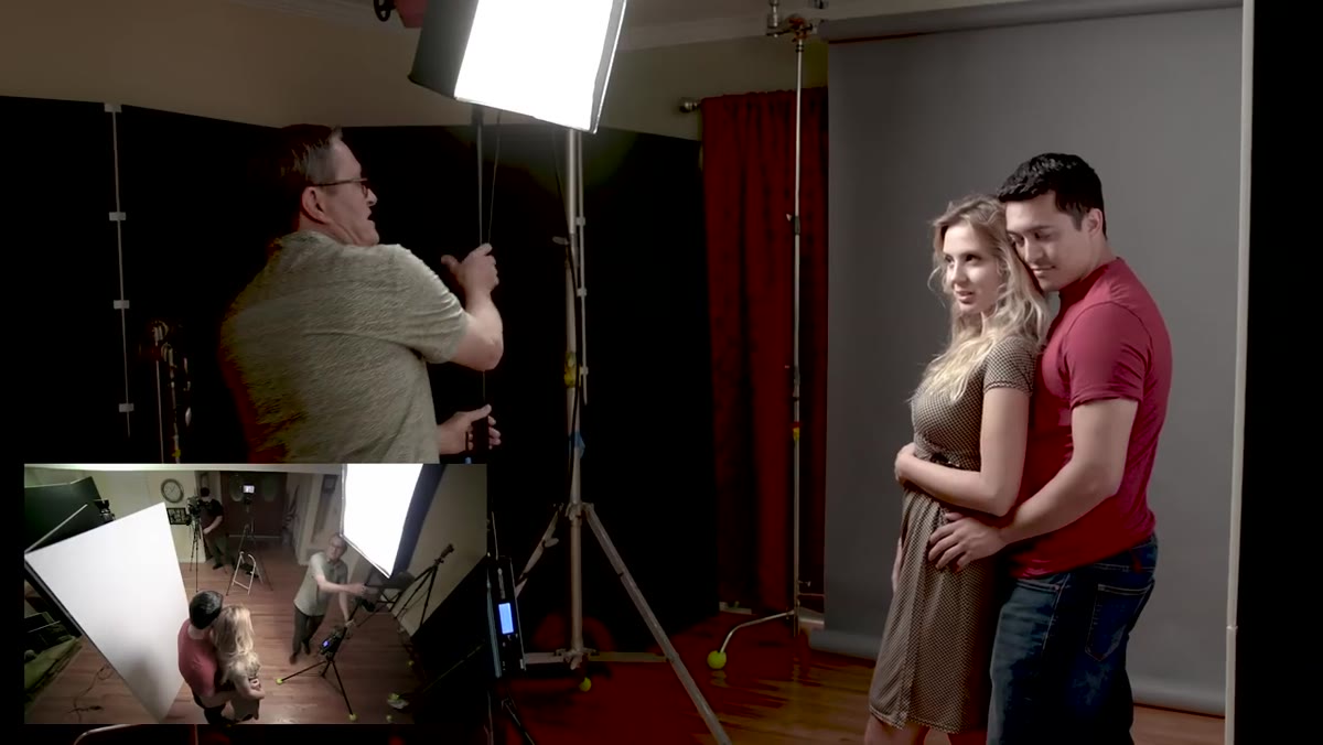 Key light moving from front position to more lateral position, transitioning Rembrandt to profile lighting