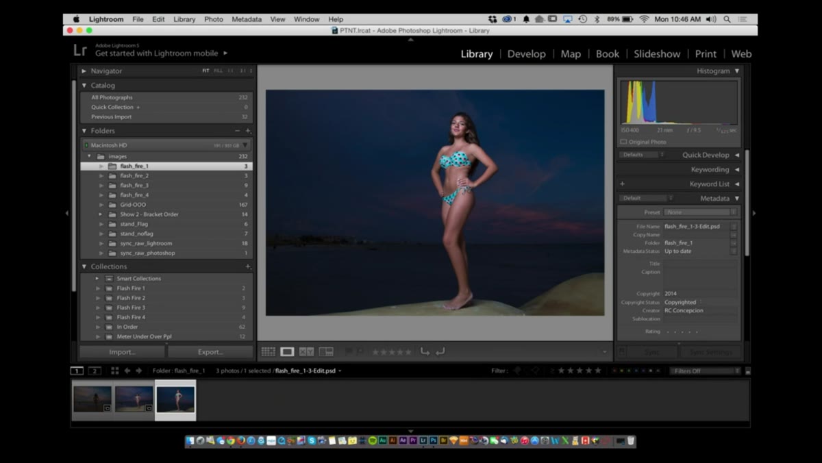 Photographer adjusting position and reviewing the combined ambient-strobe result