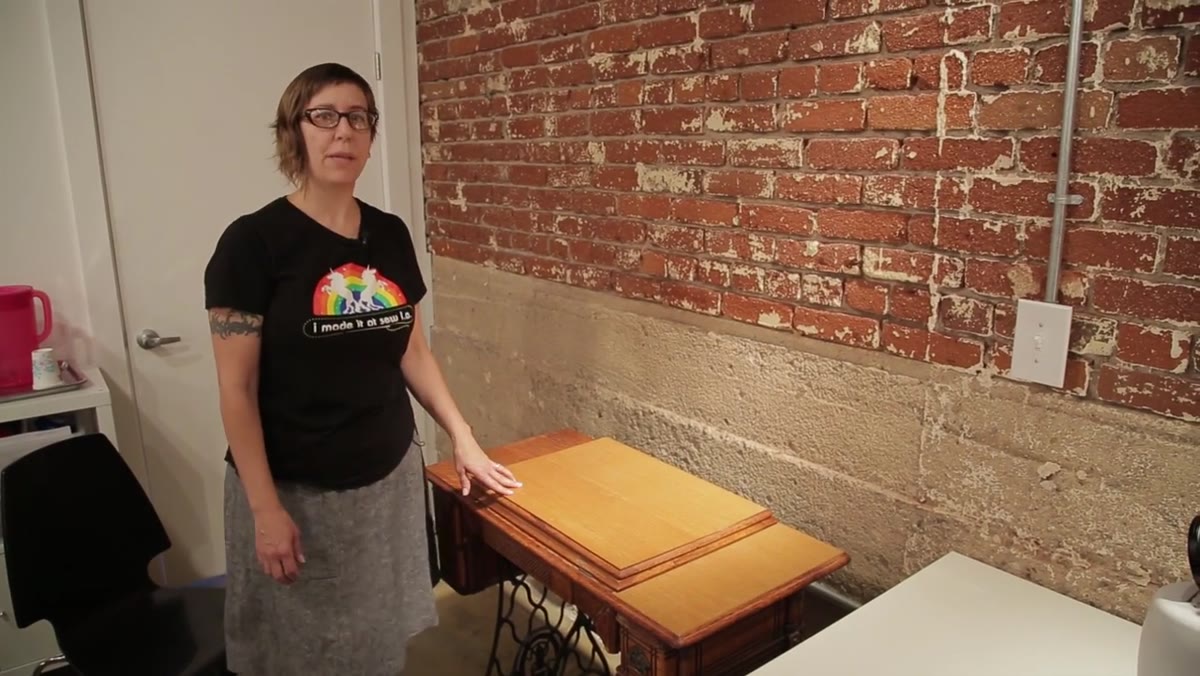 Singer treadle machine with refinished table in the studio