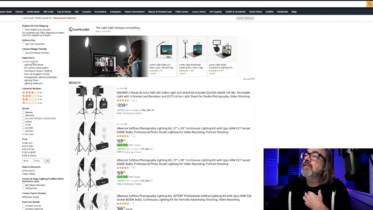 Search results showing LED panels mixed with flash kits