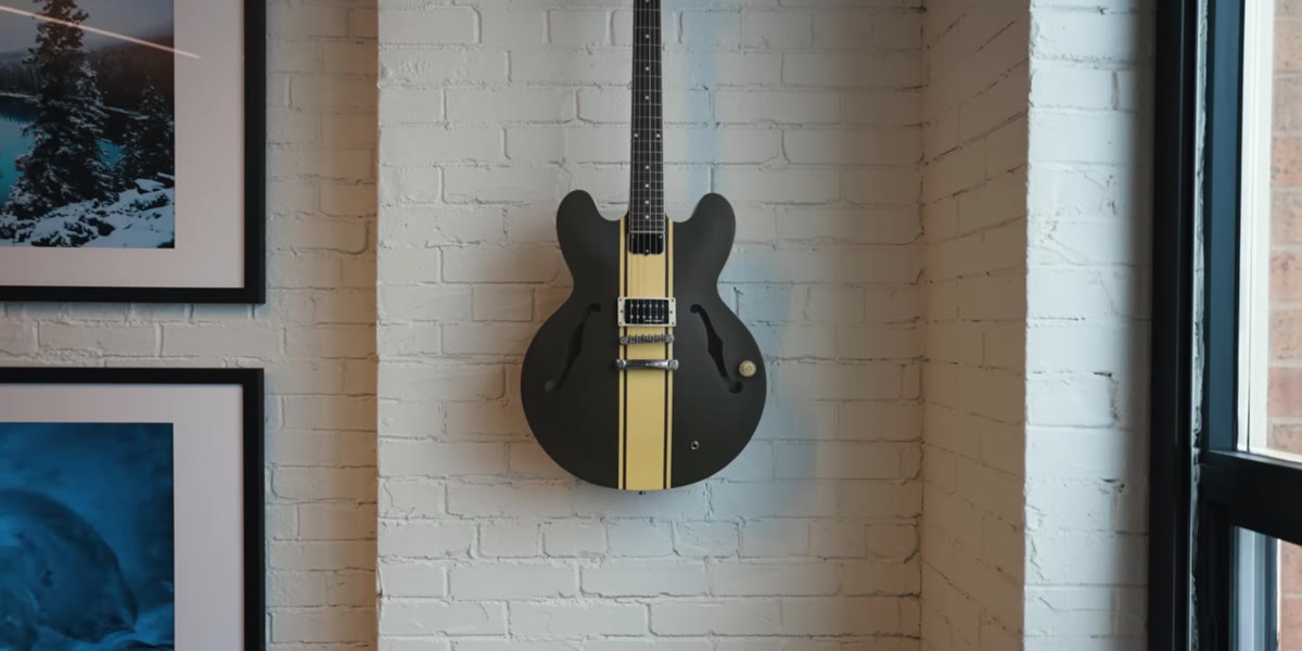 McKinnon pointing to a guitar on the wall, explaining its personal significance