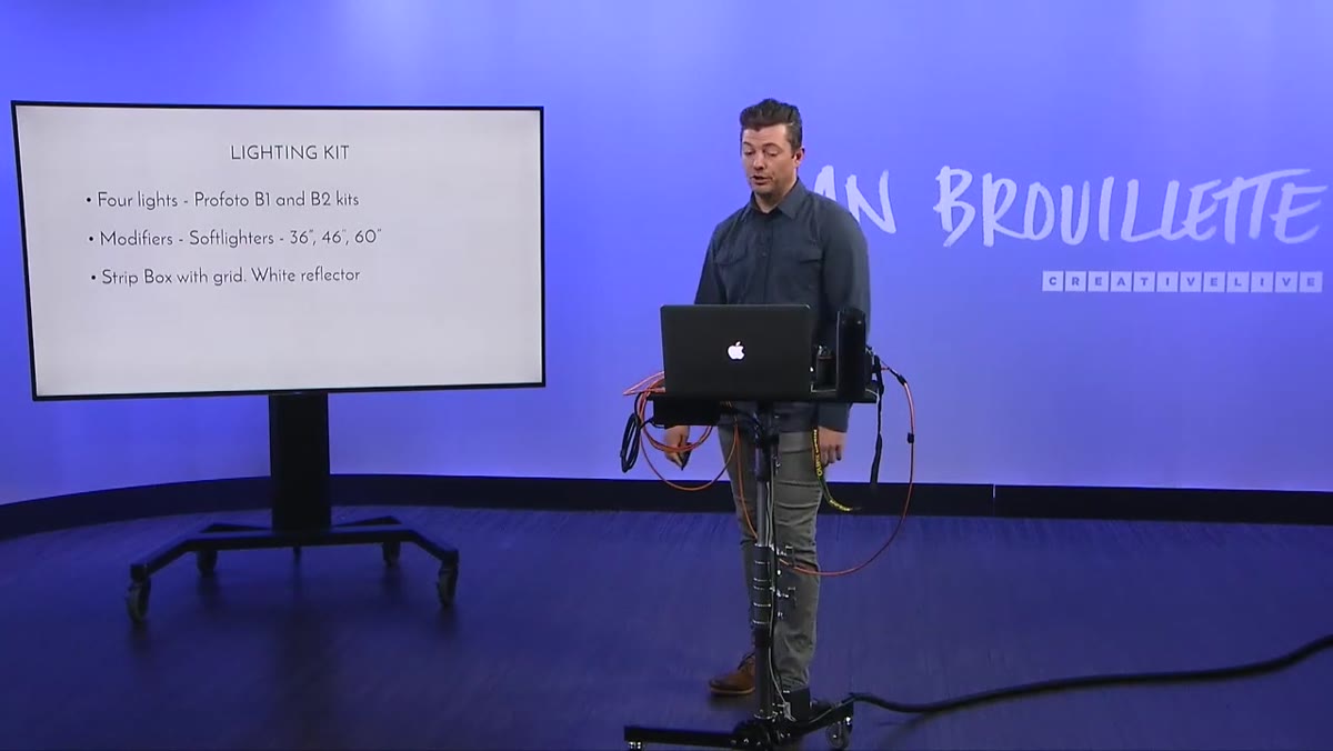 Photographer referencing strip box as a preferred modifier for specific jobs