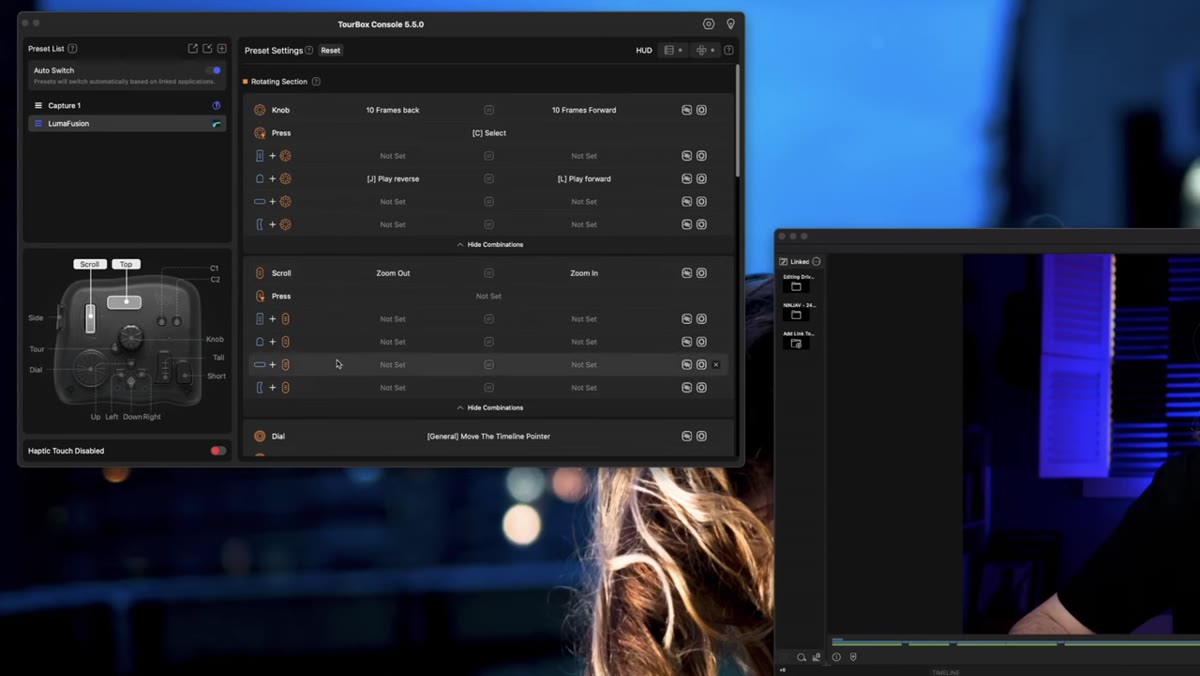 Dial being turned to scrub through video timeline in editing software